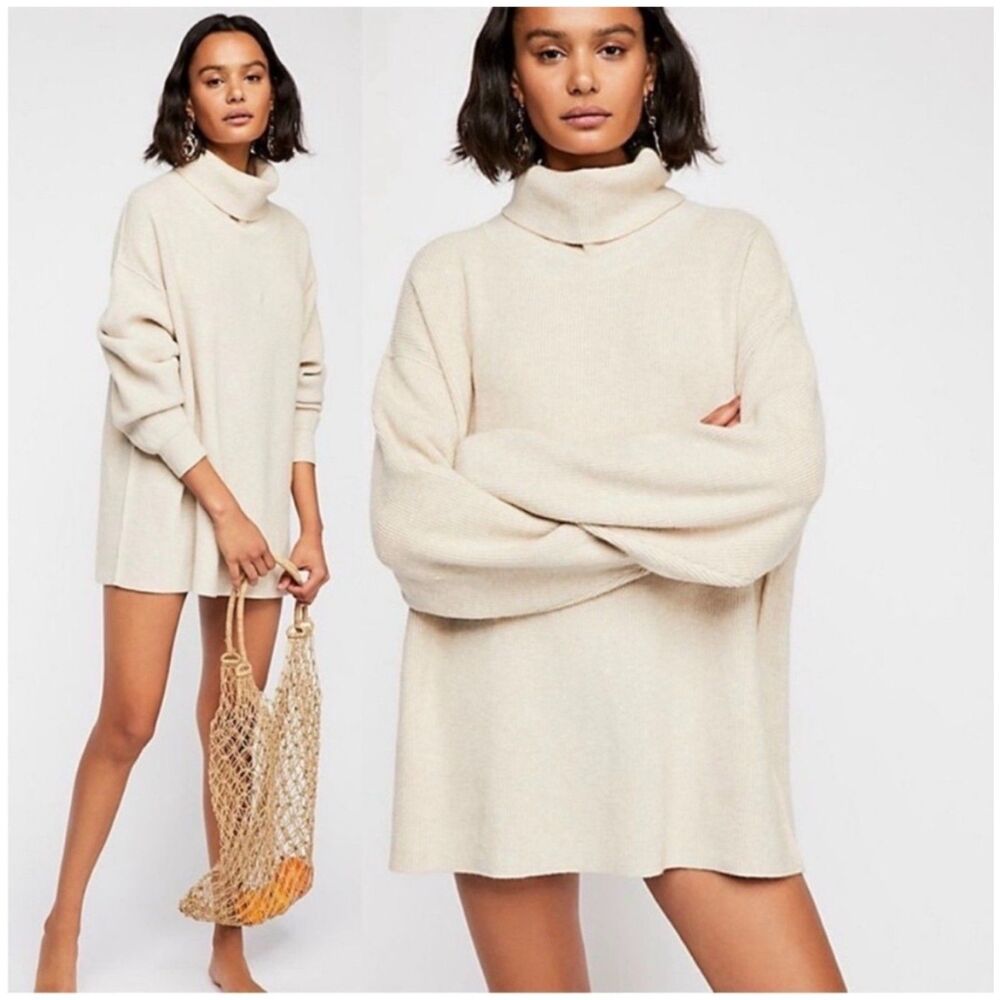 Free People Structured slouchy sweater tunic oversized mini dress oatmeal Small